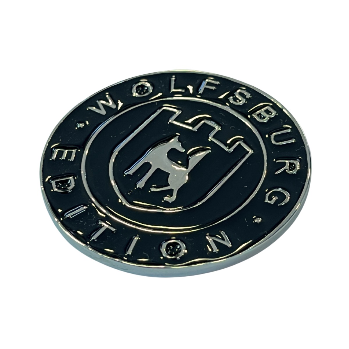Emblema Brasão Redondo Wolfsburg Raposinha - Fundo Preto - 6 cm Placa